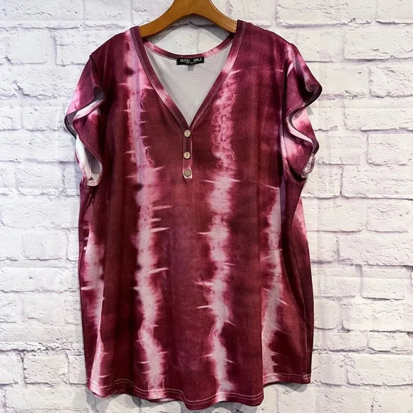 Glitzy Girlz Tops - Glitzy Girlz Womens 3XL Short Sleeve Tie Dye Shirt Burgundy‎ And White